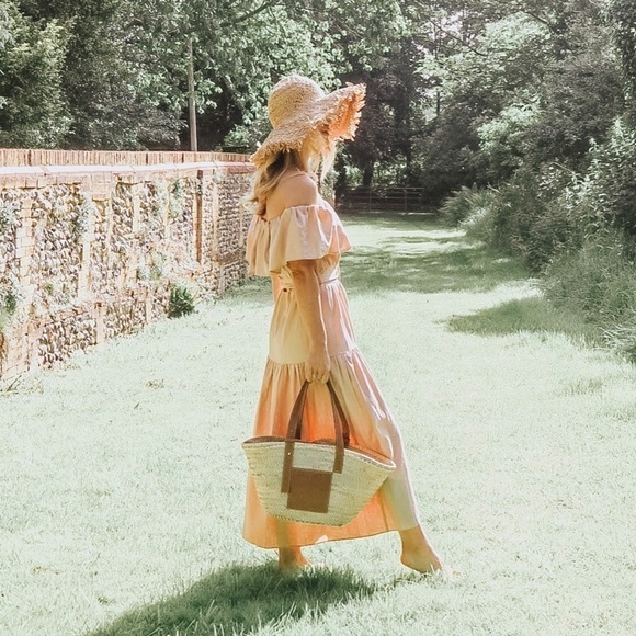 Topshop off the shoulder Ruffle Bardot Midi dress peach nude tiered dress Sz 6 - Picture 8 of 16